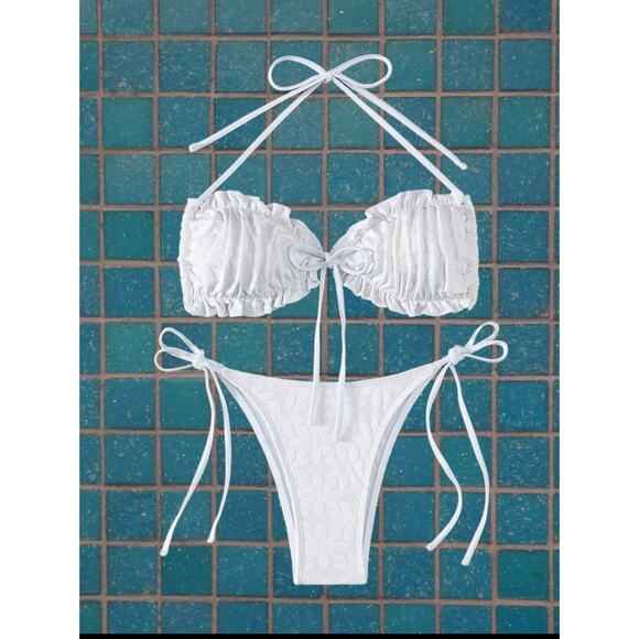 New XL White Velour Velvet Ruched Ruffle Side Tie Bikini Swimsuit Y2k Cheeky - Picture 3 of 4